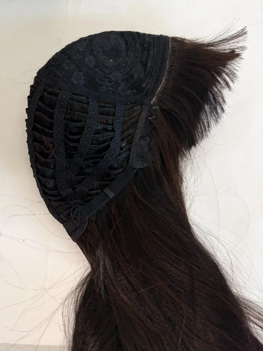 Blended Human Hair Wig – Straight Dark Brown Bob with Full Bangs – Shoulder Leng